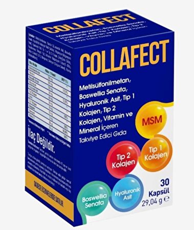 Collafect 30 Kapsül (Msm, Tip I & Tip Iı Kollajen,hyaluronik Asit, Magnezyum, Vitamin ve Mineraller)