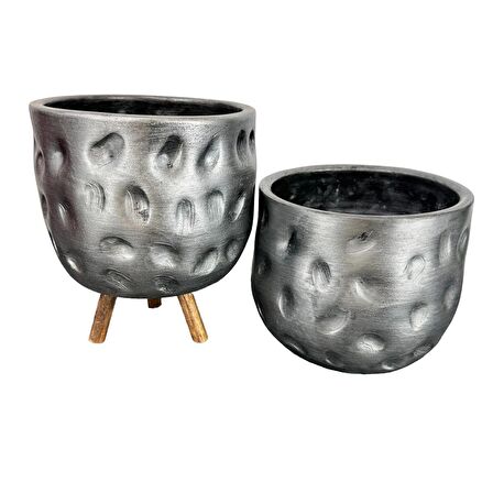 Ev Dekorasyon Aksesuar Gümüş Desenli Toprak Saksı Saksılık Salon Çiçeklik İkili Set Ayaksız - 3 Ayaklı- 19 CM