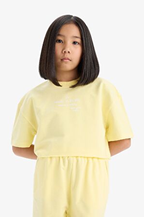 DeFacto Kız Çocuk 2'li Takım Bisiklet Yaka Baskılı Kısa Kollu Tişört Beli Paçası Lastikli Eşofman Altı Z8983A625SMYL236