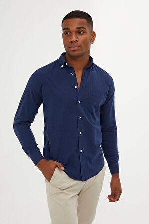 Lacivert Slim Fit %100 Pamuk Gömlek | XS