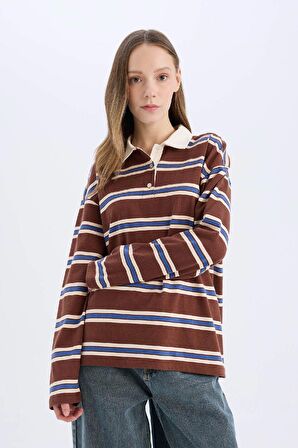 DeFacto Coool Loose Fit Polo Yaka Çizgili Uzun Kollu Tişört E4915AX25SPBN319