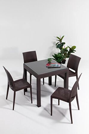 Rattan Small Lüx Camlı Kahve Masa Takımı Bahçe&balkon 1 Camlı Masa + 4 Sandalye