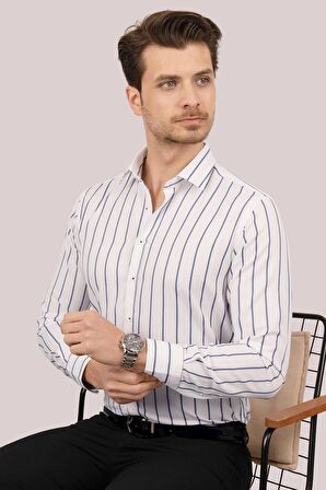Beyaz Lacivert Çizgili Slimfit   Gömlek
