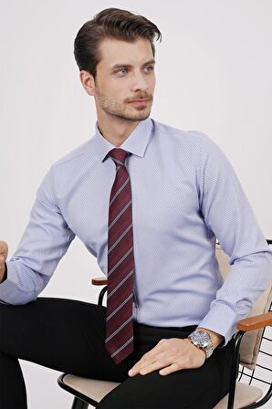 Gömlek Kravat Seti (Bordo Çizgili Kravat & Beyaz Armür Desenli Slimfit Gömlek)