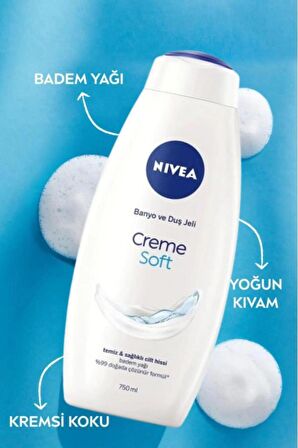 Nivea Creme Soft Kremsi Dokunuş Duş Jeli 750ml, Badem Yağı, Nemlendirici, Ekonomik Boy, E Vitamini