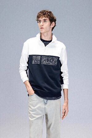 DeFacto Relax Fit Dik Yaka Yarım Fermuarlı Baskılı Kalın Sweatshirt D2169AX24AUER139