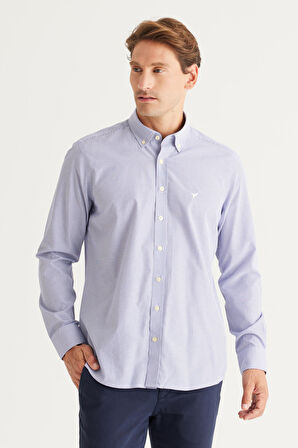 Erkek Mavi-Beyaz Slim Fit Dar Kesim Düğmeli Yaka Pamuklu Çizgili Gömlek