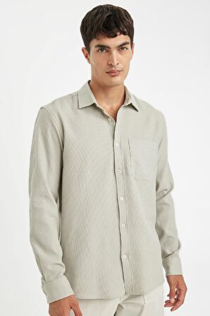 DeFacto Gri Regular Fit Waffle Polo Yaka Basic Düz Pamuklu Uzun Kollu Gömlek D1058AX24AUGR322