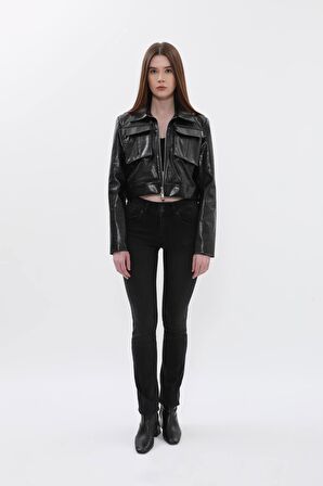 Kadın Çift Düğmeli Siyah Düz Jean Pantolon