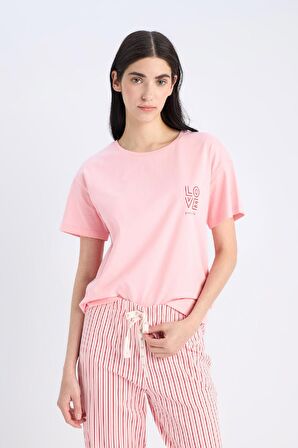 DeFacto Pijama Takımı Kısa Kollu Üst Esnek Belli Uzun Altı-Fall in Love E0857AX25SPPN149
