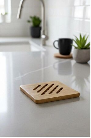 Bambu Çizgili Kare Nihale, Bambu Nihale Tencere, Tava, Çaydanlık Altı Bambu Altlık, 17 Cm