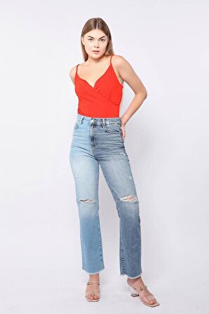 Kadın Dizi Yırtık Çift Yıkamalı Jean Pantolon