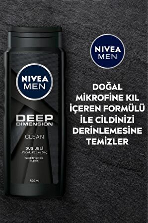 NIVEA MEN Erkek Deep Dimension Banyo Ve Duş Jeli 500ml, 3'ü1 Arada Komple Bakım, Vücut Saç Ve Yüz, X6 Adet