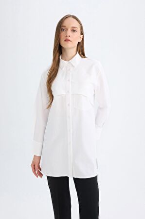 DeFacto Relax Fit Gömlek Yaka Poplin Basic Düz Uzun Kollu Beyaz Gömlek Tunik D4773AX24AUWT34