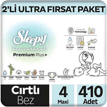 Sleepy Bio Natural Premium Plus 2'li Ultra Fırsat Paketi Bebek Bezi 4 Numara Maxi 410 Adet