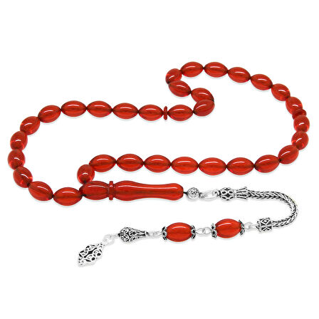 925 Ayar Gümüş Püsküllü Arpa Kesim Kırmızı Ateş Kehribar Tesbih