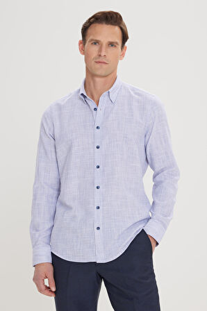 Erkek Mavi Slim Fit Dar Kesim Gizli Düğmeli Yaka Keten Görünümlü %100 Pamuk Flamlı Gömlek