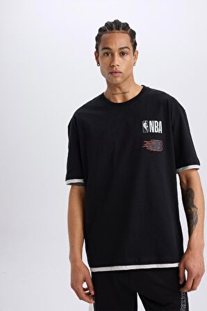 DeFactoFit NBA Brooklyn Nets Oversize Geniş Kalıp Bisiklet Yaka Sırt Baskılı Kısa Kollu Tişört D6562AX25SPBK81