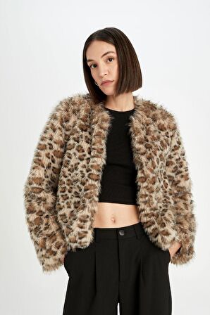 DeFacto Regular Fit Leopar Desenli Suni Kürk Ceket Mont D6650AX24WNBG778