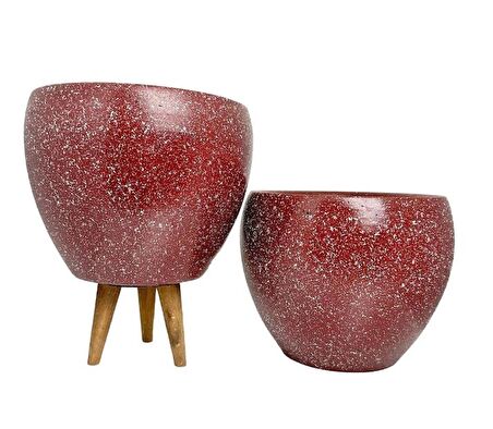 Ev Dekorasyon Bordo Granit Toprak Saksı Saksılık Salon Çiçeklik İkili Set Ayaksız - 3 Ayaklı- 15 CM
