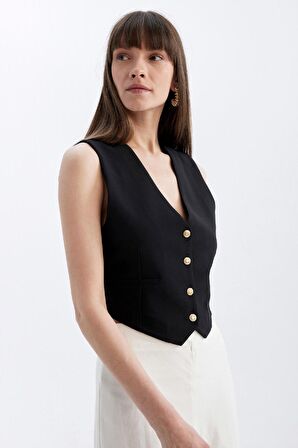 DeFacto Regular Fit V Yaka Düğmeli Blazer Yelek C1565AX24AUBK81