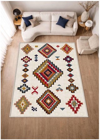 Krem Retro Dijital Baskı Halı Kaymaz Tabanlı Yıkanabilir Halı Yolluk Salon Halısı 1758