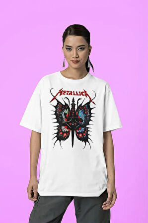 Metallica Kelebek Baskılı Unisex Tasarım Tişört, Oversize Rock Metal Müzik Grubu Tişört