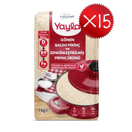 Yayla Gönen Baldo Pirinç ve Zenginleştirilmiş Pirinç Ürünü (D+B9+Fe) 1 kg x15