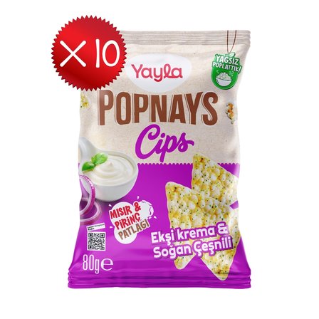 Yayla Popnays Cips Ekşi Krema ve Soğan Çeşnili Mısır ve Pirinç Patlağı 80 g x10