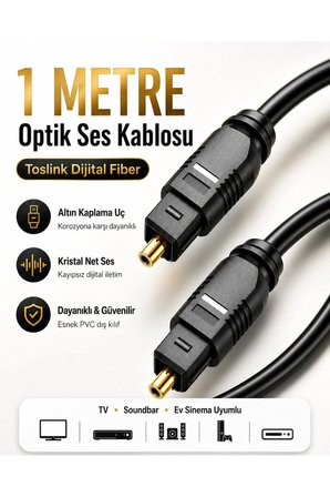1 METRE Optik Ses Kablosu Toslink Dijital Fiber Ev Sinema Soundbar Uyumlu Siyah Altın Kaplama Uçlu Kristal Netliğinde Parazitsiz Sinyal İletimi Çevresel Surround Akustik Ses Sistemi Bağlantı Kablosu