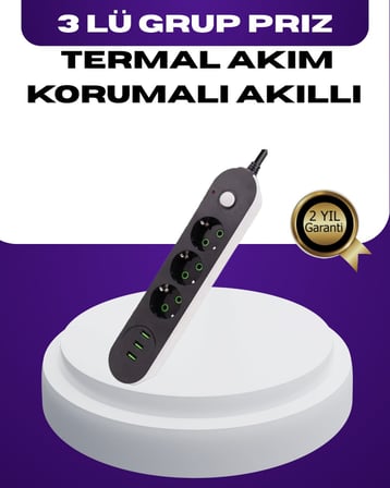 USB Yuvalı Anahtarlı Üçlü Priz 2 Metre Kablolu