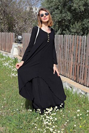 Toridas Keten Günlük Yazlık Salaş Kadın İki Katlı  Elbise bt225siyah3