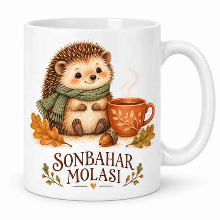 Sonbahar Molası Kirpi Tasarımlı Porselen Kupa - Yaprak ve Kahve Temalı - MODEL 258