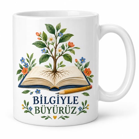 Bilgiyle Büyürüz Kitap ve Filiz Tasarımlı Porselen Kupa - Öğretmene Hediye - MODEL 262