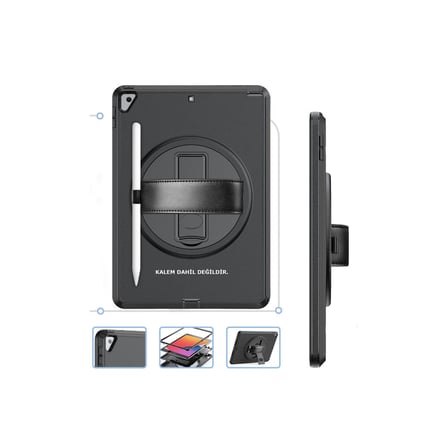 Apple iPad 10.2 (7.nesil) Kılıf Hand Strap Tablet Kılıfı - Siyah