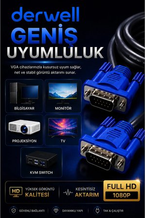 1.5 Metre VGA Kablo Full HD 1080P Kesintisiz Aktarım D-Sub Erkek To Erkek Altın Uçlu Dayanıklı Monitör Projeksiyon Bilgisayar Ekran Görüntü Aktarıcı Kablosu Çift Vidalı Güvenli Sabitleme