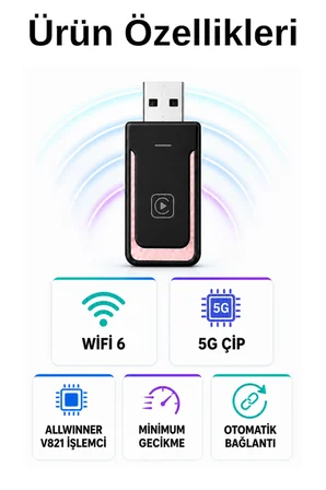 solvis Kablosuz Car Play Adaptörü İOS Ve Android Cihazlar Için, Wireless Carplay Çevirici