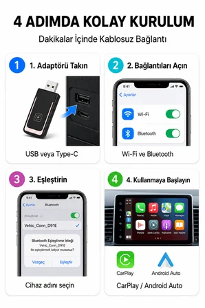 solvis Kablosuz Car Play Adaptörü İOS Ve Android Cihazlar Için, Wireless Carplay Çevirici