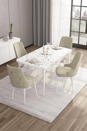 Are Serisi 80x132 Mdf Açılabilir Beyaz Mermer Desen Masa Takımı Ve 4 Krem Sandalye