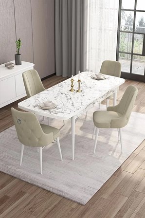 Are Serisi 80x132 Mdf Açılabilir Beyaz Mermer Desen Masa Takımı Ve 4 Krem Sandalye