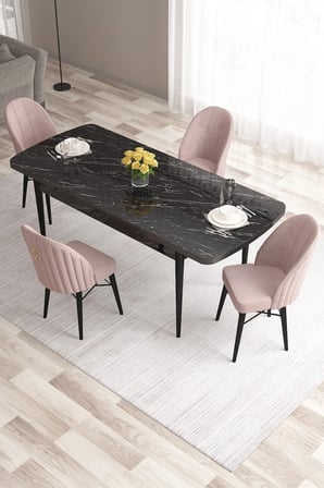 Roz Serisi,80x132 Mdf Açılabilir Siyah Mermer Desen Mutfak Masası 4 Pembe Sandalye Gold Halkalı