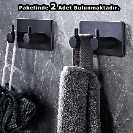 ASKILIK YAPIŞKANLI DİKDÖRTGEN ÇUBUKLU 2 KANCALI MAT SİYAH PAKETTE 2 ADET