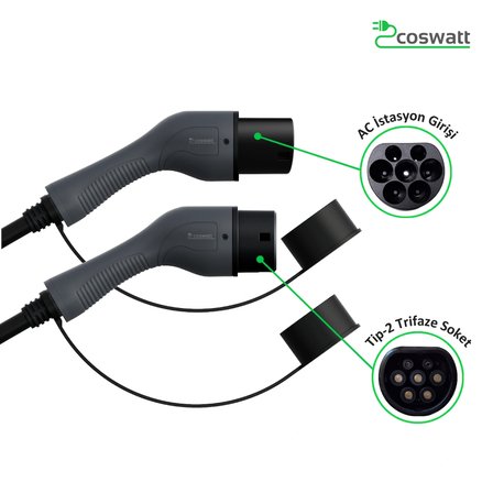 Coswatt Elektrikli Araba Tip-2 Şarj Kablosu 22 Kw / 32A / 5M / 380V AC / IEC 62196