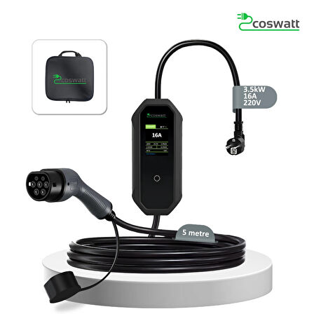 Coswatt Elektrikli Araç Taşınabilir Şarj Cihazı 3.5 kW / 16A / Türkçe Menü / 5M / Tip-2 Soket / 2x16A Ev Tipi Fiş / 220V AC / Taşıma Çantası