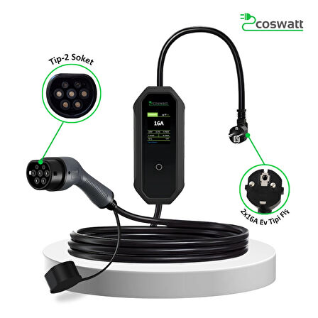 Coswatt Elektrikli Araç Taşınabilir Şarj Cihazı 3.5 kW / 16A / Türkçe Menü / 5M / Tip-2 Soket / 2x16A Ev Tipi Fiş / 220V AC / Taşıma Çantası