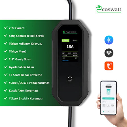Coswatt Elektrikli Araç Taşınabilir Şarj Cihazı 3.5 kW / 16A / Türkçe Menü / 5M / Tip-2 Soket / 2x16A Ev Tipi Fiş / 220V AC / Taşıma Çantası