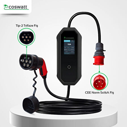 Coswatt Elektrikli Araba Taşınabilir Şarj Cihazı 11 kW / 16A / Tip-2 / 5x16A Fiş / Monofaze / 5m / Çantalı / Ev Tipi Dönüştürücü Kablolu