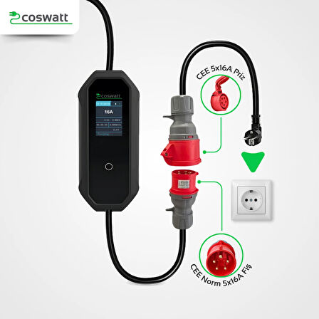 Coswatt Elektrikli Araba Taşınabilir Şarj Cihazı 11 kW / 16A / Tip-2 / 5x16A Fiş / Monofaze / 5m / Çantalı / Ev Tipi Dönüştürücü Kablolu