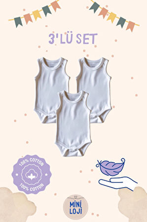 3'lü Düz Beyaz Bebek Zıbın Seti – %100 Pamuk, Unisex, Yenidoğan Body Yeni
