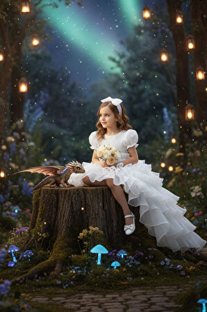 Beyaz Masal Kız Çocuk Abiye - Kat Kat Tüllü Kız Çocuk Doğum Günü Elbisesi - Balo Mezuniyet Elbisesi